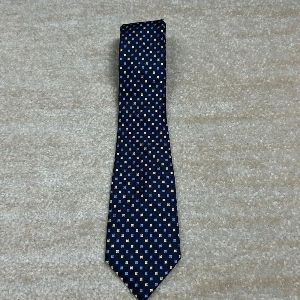 Roundtree & Yorke Tie Mens One Size Navy Geometric Silk Handmade Small Square